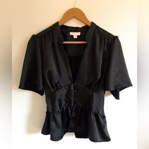 Topshop Angel Sleeve Button-Through Satin Tea Top in Black | Size M
